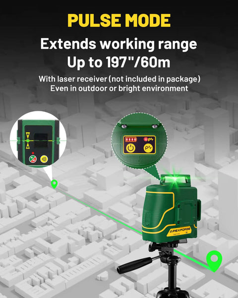Dual 360 Degree Green Laser Level With 147 Ft Range showing pulse mode extension to 197 ft on tripod