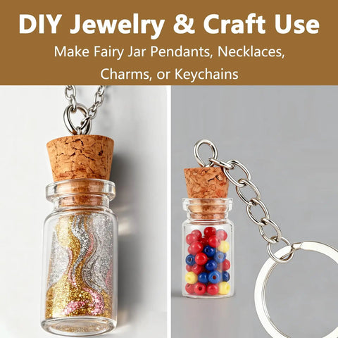 Mini Glass Bottle Charms With Corks And Eye Screw Caps Includes Tiny Dropper Vials For Diy Necklace And Keychains in glitter and beads