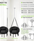 Easy installation guide for Cozy Cushion Hanging Hammock Chair With Extra Support For Indoor And Outdoor Hangout Macrame Swing Chair For Porch Or Backyard 350 Lb Capacity Black Everyday Use showcasing swing and pivot styles and mounting options.