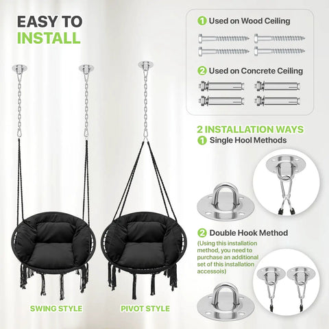 Easy installation guide for Cozy Cushion Hanging Hammock Chair With Extra Support For Indoor And Outdoor Hangout Macrame Swing Chair For Porch Or Backyard 350 Lb Capacity Black Everyday Use showcasing swing and pivot styles and mounting options.