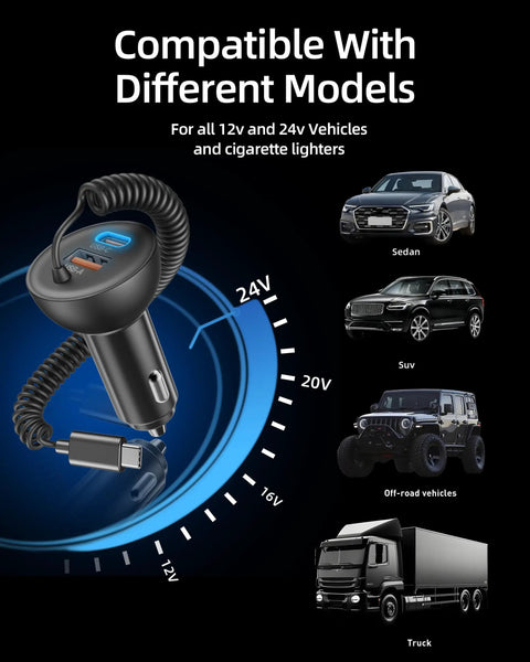 90W Fast USB C Car Charger With 3 Ports And 4ft Coiled Cable For 17e 17 16 15 Pro Max Air Plus And iPad with vehicle compatibility charts