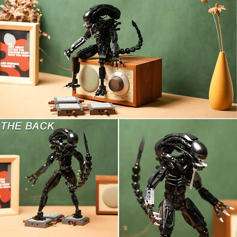 Xenomorph Action Figure Building Set With 616 Pieces, Lego Size Compatible Halloween Model, Great For Collectors And Family Fun, Step By Step Instructions For Easy Assembly And Creative Play, black built figure on display stand
