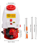 Pro Grade Backpack Sprayer Fogger For Pest Control with 20L tank, 26cc 2 stroke gas engine, shown with measurement details.
