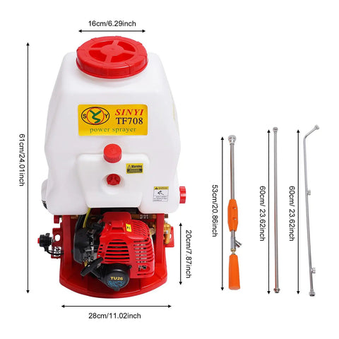 Pro Grade Backpack Sprayer Fogger For Pest Control with 20L tank, 26cc 2 stroke gas engine, shown with measurement details.
