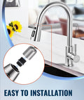Built Tough Stainless Steel Kitchen Faucet Head Replacement with detailed installation view and brushed nickel finish.