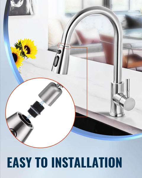 Built Tough Stainless Steel Kitchen Faucet Head Replacement with detailed installation view and brushed nickel finish.