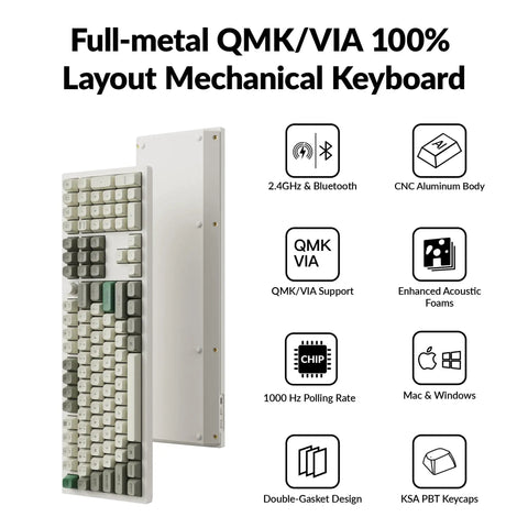 True Flex Full Size Custom Mechanical Keyboard With Hot Swappable Gateron Browns Qmk Via Firmware Bluetooth And 2.4Ghz Wireless Typing Rig RGB Backlit Programmable Knob Gasket Mount For Mac Windows Linux White, showing full-metal layout and buttons.