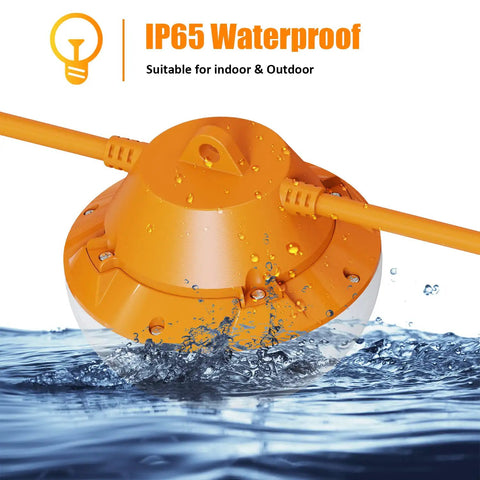 Heavy Duty 120ft Construction String Lights With 180W Work Light And 18000 Lumens Boss Level Brightness in water showing IP65 waterproof feature.