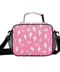 Insulated Lunch Bag For Kids And Women, pink printed cooler tote with shoulder strap and side mesh pockets