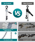 Compact Manual Chain Hoist One Quarter Ton 550 Lb Capacity With 5 Ft Lift Come Along For Small Machines Engines And Equipment, Handy Portable Hand Lifter For Tight Spaces And Field Work. Comparison showing galvanized chain and manual chain hoist.