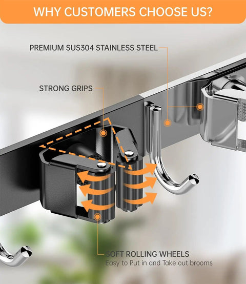 Over The Door Broom And Mop Holder In 304 Stainless Steel Wall Mount Or Door Hanging With Hooks Keeps Mops And Brooms Neatly Stored