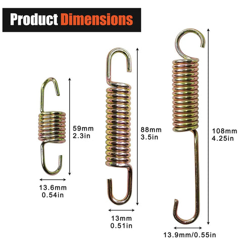 Heavy Duty Motorcycle Kickstand Spring Kit 6 Pcs Universal Return Springs For Dirt Bikes Scooters Mini Bikes 59mm 88mm 108mm Replacement Set Keeps Your Ride Standing Strong product dimensions showing 3 springs sizes 59mm, 88mm, and 108mm in stainless steel