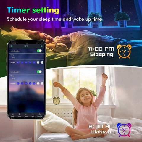 Music Sync RGB LED Strip Lights With App And Remote Control 50 Ft Two Rolls Multicolor Ambiance showing timer setting on mobile app.