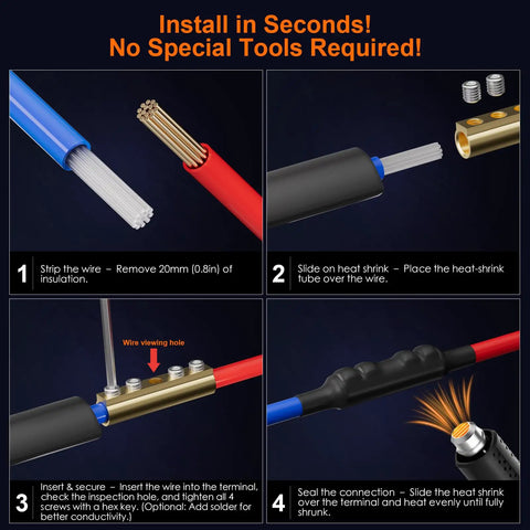 Installation steps of Ten Pcs 10 To 6 AWG Wire Connector Nut Kit With 80A Rating, Quick Splice Brass Connectors, Heat Shrink Butt Terminals