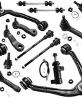 Drop In Ready Front End Kit For 1999 2006 GMC Chevy Silverado Sierra 1500 Includes 2 Front Upper Control Arms With Ball Joints 2 Front Sway Bars 4 Front Outer And Inner Tie Rods 1 Pitman Arm 1 Front Steering Idler Arm And 1 Idler Bracket Pivot, black steel suspension parts laid out
