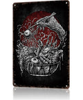Funny Vintage Metal Sign Totally Rad Scary Ramen Bone Appetit Tin Wall Art 8 By 12 Inch Poster For Home Kitchen Office Garage Decor Rustic Aluminum Durable Sign Display Plaque featuring a spooky ramen bowl illustration with eyeball and tentacles