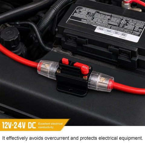 Heavy Duty 60A Manual Reset Inline Fuse Packing Knockout Overload Protection For Car Audio Stereo Solar Inverters And Rvs Beefy Circuit Breaker Ready To Roll installed near battery.