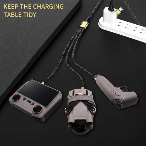 3 In 1 USB C Fast Charge Cable For DJI Drones Compatible With Mini 5 Pro Mini 4 Pro connected to remote, drone, and battery