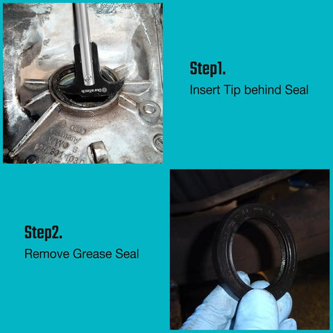 Seal Puller Tool With Dual Hook Tips And Extra Blade For Oil And Grease Seal Removal in use on metal surface, step by step guide