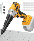 Camxtool Brushless Cordless Pop Rivet Gun Compatible With Dewalt 20V Max Battery For Fast Heavy Duty Use With 100 Pieces Metal Rivets in use against a metal surface.