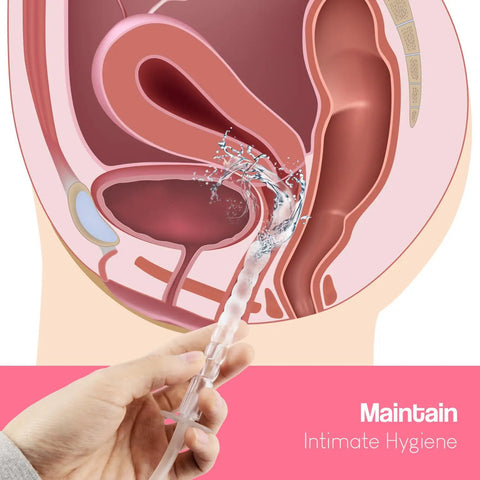 Reusable Vaginal Cleansing System For Women, 300ml Capacity, Clear Nozzle Douche in use, illustrating feminine hygiene care.