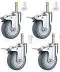 Built Tough 3 Inch Locking Caster Wheels Set Of 4 Heavy Duty TPR Rubber Swivel Castors With Top Lock Brake 7/16 Stem 660 Lb Capacity with accessories.