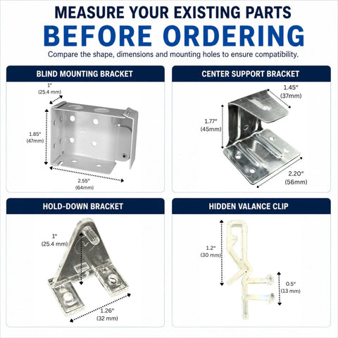 All In One Blind Bracket Installation Kit With 23 Piece Replacement Hardware Set For Window Blinds Includes 2 Inch Mounting Brackets Screws Clips And Valance Clips No Extra Trips, showing dimensions of various brackets and clips.