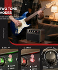 User playing guitar next to 10W Portable Guitar Amp With Rechargeable Battery, Tiny Practice Amp For Electric Guitars