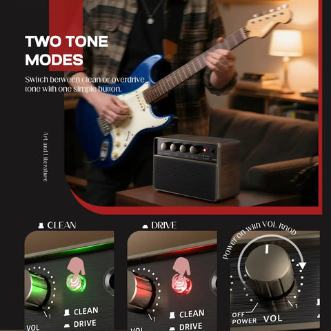 User playing guitar next to 10W Portable Guitar Amp With Rechargeable Battery, Tiny Practice Amp For Electric Guitars