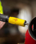 Deep Cut Hole Saw 44mm Beefy Heavy Duty Bi Metal With Extra Cobalt HSS Teeth Drill Bit in use on metal pipe