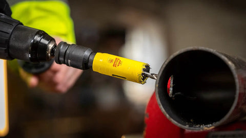 Deep Cut Hole Saw 44mm Beefy Heavy Duty Bi Metal With Extra Cobalt HSS Teeth Drill Bit in use on metal pipe
