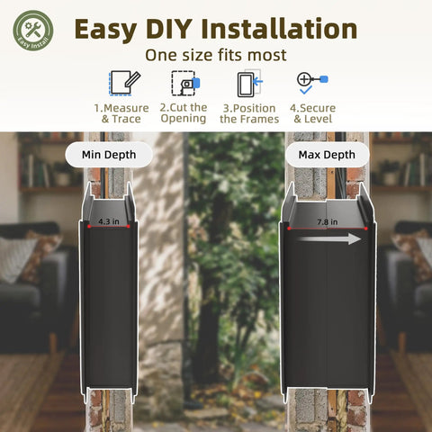 Heavy Duty Medium Wall Mount Dog Door With Triple Flap Insulated Barrier To Shut Out Cold Drafts Wind And Pests showing easy installation guide with min and max depth measurements.