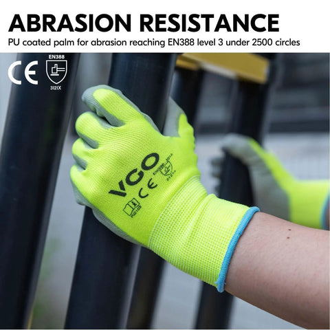 15-Pairs Latex-Free Polyurethane Dipped Safety Work Gloves For Auto Construction Gardening And More All Purpose Use Flexible Polyester Yellow Size L Great Grip Durable Hand Protection For DIY Projects And Heavy Duty Tasks shown gripping a pipe
