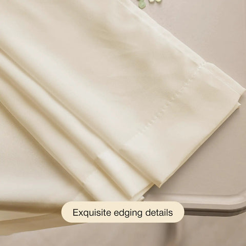 Close-up of Beige Semi Sheer Privacy Curtains for Living Room and Bedroom, 96 Inch Length Two Panels, showing edging details.
