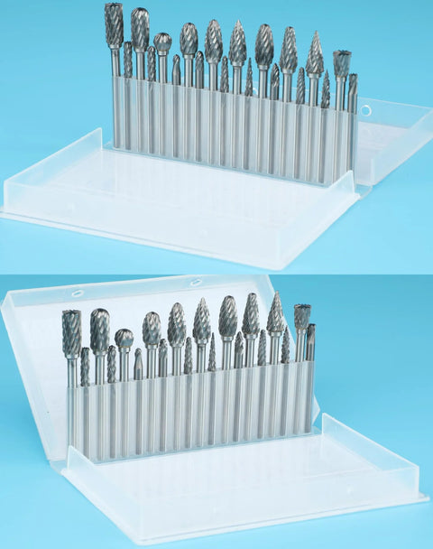 Carbide burr set with 20 1/8-inch shank bits and 3 collets in a clear plastic organizer