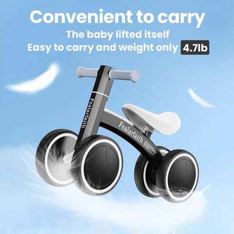 Toddler Balance Bike With Four Colorful LED Wheels That Light Up When They Move No Batteries Needed Great First Bike For 10 To 36 Month Boys And Girls Black, showing lightweight frame on blue background.