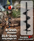 Man using 52cc Gas Powered Earth Auger with 8 Inch Bit for Garden Post Holes Fence Posts Tree Planting Heavy Duty Digger in yard