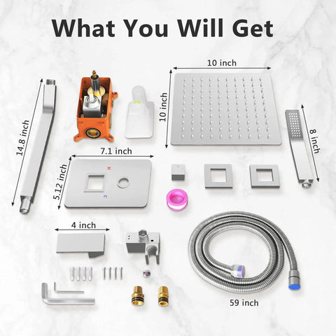 Brushed Nickel Shower System With 10 Inch Shower Head And Handheld, Includes Rough-In Valve And Trim Kit, installation components layout