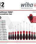 Torx Screwdriver Set 12 Piece T5 Through T40 With SoftFinish Ergonomic Cushioned Grip Handle displayed with sizes and details