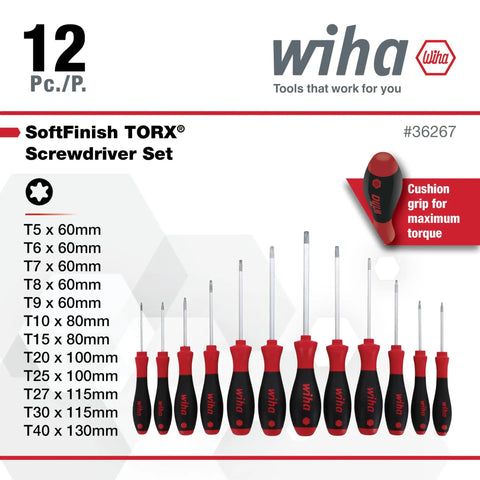 Torx Screwdriver Set 12 Piece T5 Through T40 With SoftFinish Ergonomic Cushioned Grip Handle displayed with sizes and details