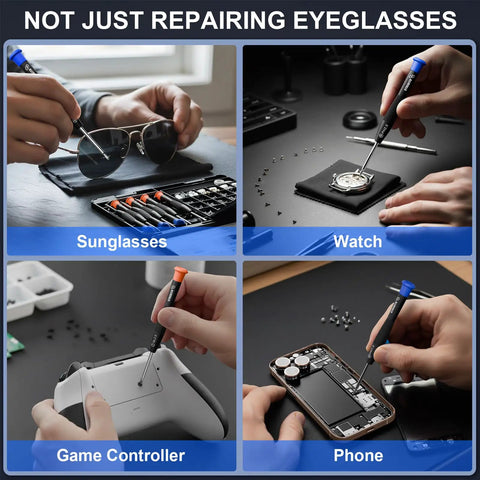 Using All In One Eyeglass Repair Kit With 16 Screw Sizes, 12 Pairs Nose Pads, Magnetic Precision Screwdrivers for sunglasses, watch, game controller, phone repairs.
