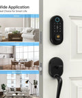 Slick Bluetooth Smart Deadbolt Featuring Quick Fingerprint Access And Touchscreen Keypad Plus Remote App Monitoring For Hassle Free Home Security Setup Black on a door.
