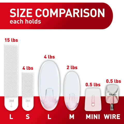 Clear Variety Pack For Damage Free Hanging size comparison with large, medium, mini hooks, and wire hanger weight limits shown.