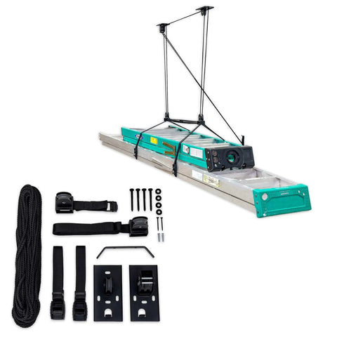 Ceiling Ladder Storage Pulley System For Garage Hoist, Heavy Duty Overhead Organizer Holds Ladders Up To 150 Lbs shown with accessories
