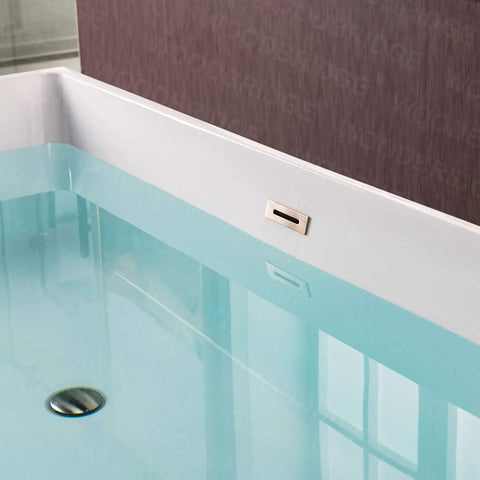 Contemporary 67 Inch Freestanding Acrylic Soaking Bathtub With Matte Black Drain And Overflow deep tub shown from top with water and drain.
