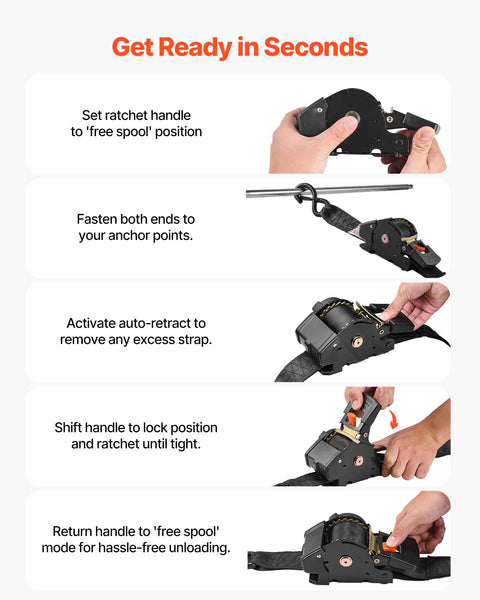 Instructions for using Two Pack Retractable Ratchet Straps 2 Inch By 10 Foot Tie Down Straps with S Hooks.