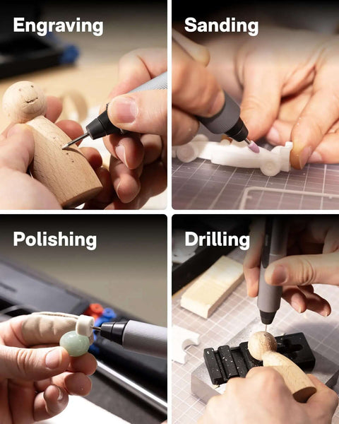 Mini Cordless Rotary Tool Kit With Brushless Coreless Motor used for engraving, sanding, polishing, drilling in DIY projects.
