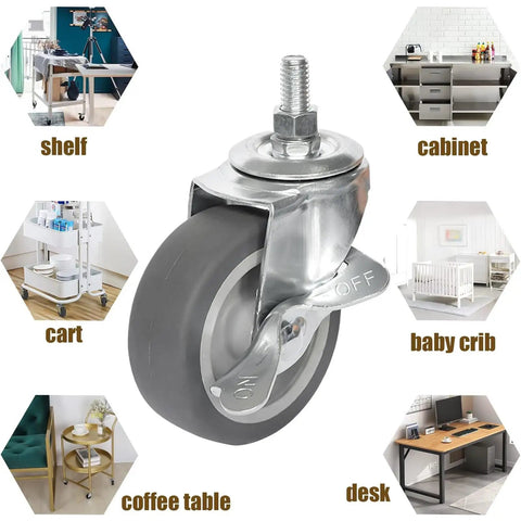3 Inch Heavy Duty Rubber Caster Wheels With Locking Brakes M8 X 1.5 Threaded Stem Industrial Swivel Castors with use examples