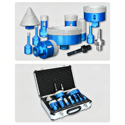Ultimate 12-Piece Diamond Core Drill Bit Set with Adapters For Angle Grinder, Cutting Holes In Tile Marble Granite And Concrete Like A Pro. Blue diamond hole saw bits in case