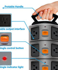 Hand holding 14 Outlet Surge Protector Charging Station With 4 USB Ports, showing handle, outlets, control button, indicator light.